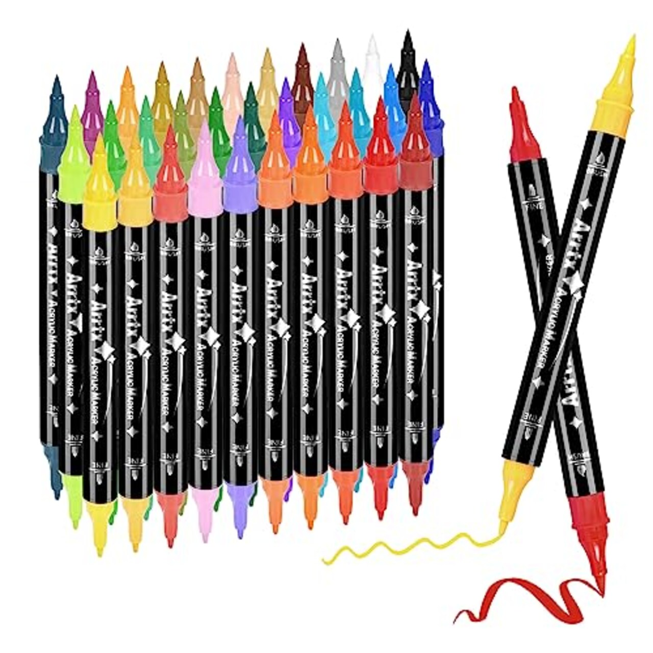 Acrylic Paint Pens, 32 Colors Brush Tip and Fine Tip (Dual Tip) Paint Markers for Rock Painting, Water Based Acrylic Painting Supplies for Fabric Painting,Wood, Plastic, Canvas, Easter Egg